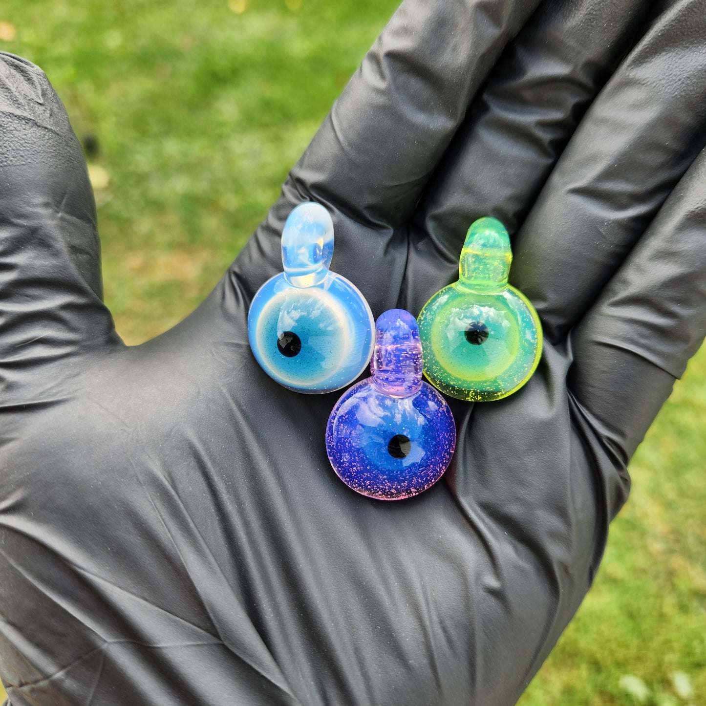 Slime Eye Pendant Necklace – Green, Purple, or White-Blue – 1" Handmade Glass Eye on Black Suede Cord, Creepy Cute Jewelry