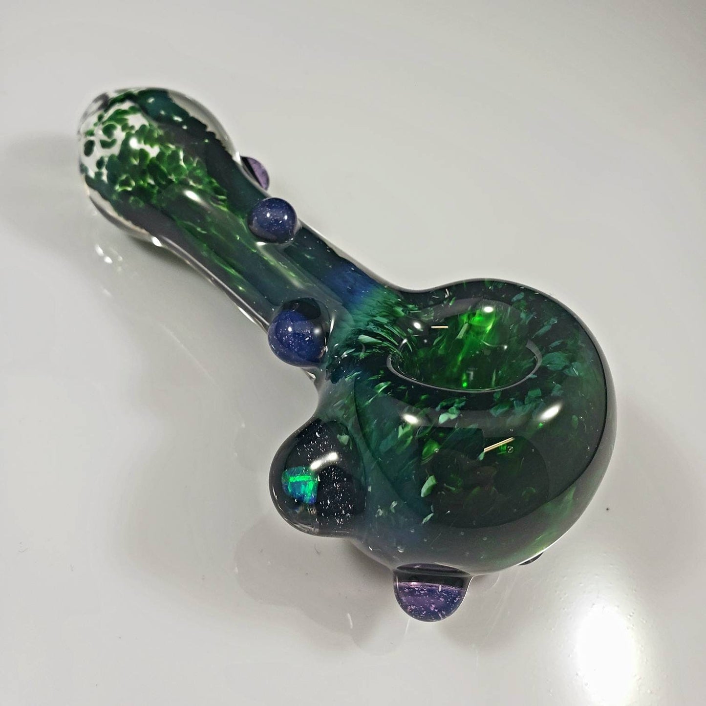Experimental Green Frit Pipe with Galaxy Opal Marble | Purple Slime Dot Wrap | 4" Hand Blown Heady Glass Smoking Bowl | Unique Art Pipe