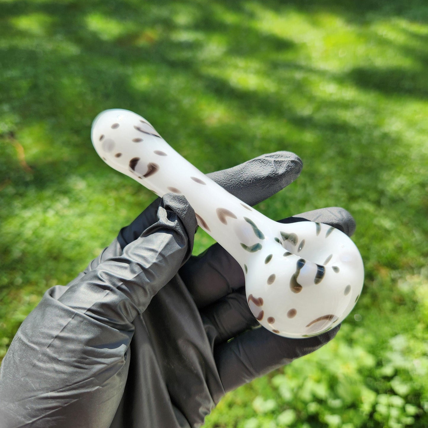 Snow Leopard Glass Pipe | White with Grey & Black Animal Print | Hand Blown Smoking Bowl | Winter Wild Style Glass Art