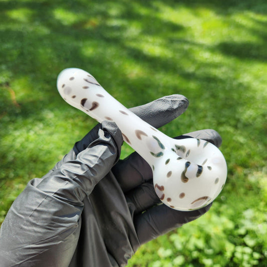 Snow Leopard Glass Pipe | White with Grey & Black Animal Print | Hand Blown Smoking Bowl | Winter Wild Style Glass Art