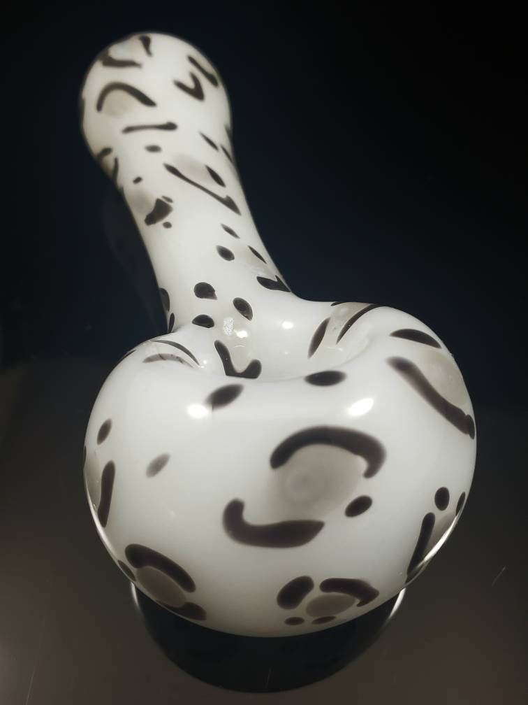 Snow Leopard Glass Pipe | White with Grey & Black Animal Print | Hand Blown Smoking Bowl | Winter Wild Style Glass Art