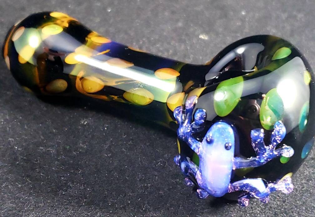 Rainbow Fumed Glass Pipe with Frog – Color Changing Spotted Spoon Pipe – Handblown Animal Glass Art – Green or Purple Frog Pipe - Smoking