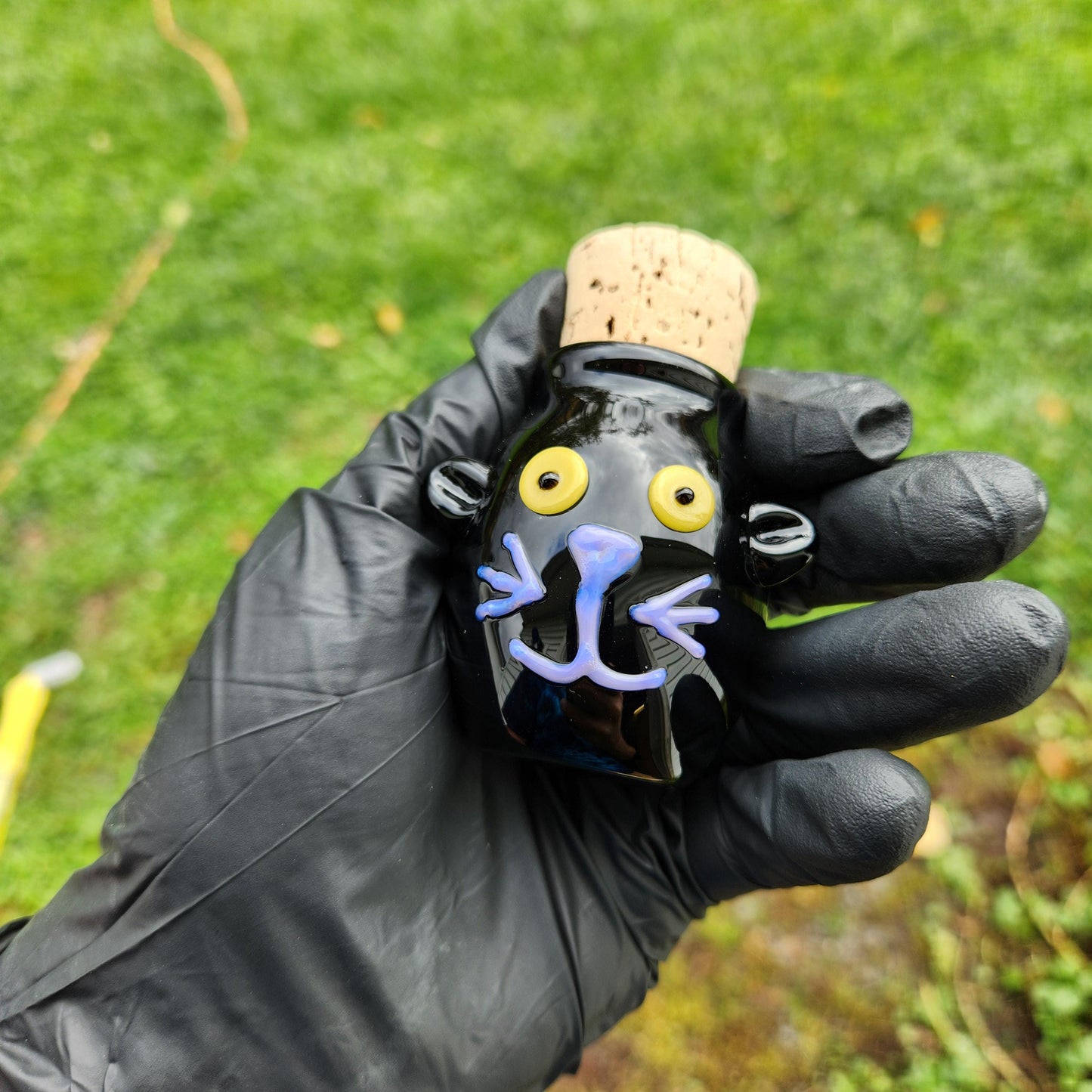 Black Cat Face Glass Jar – Hand Blown Glass Storage Jar with Cork Lid, Halloween Cat Decor, Spooky Cute Feline Glass Art