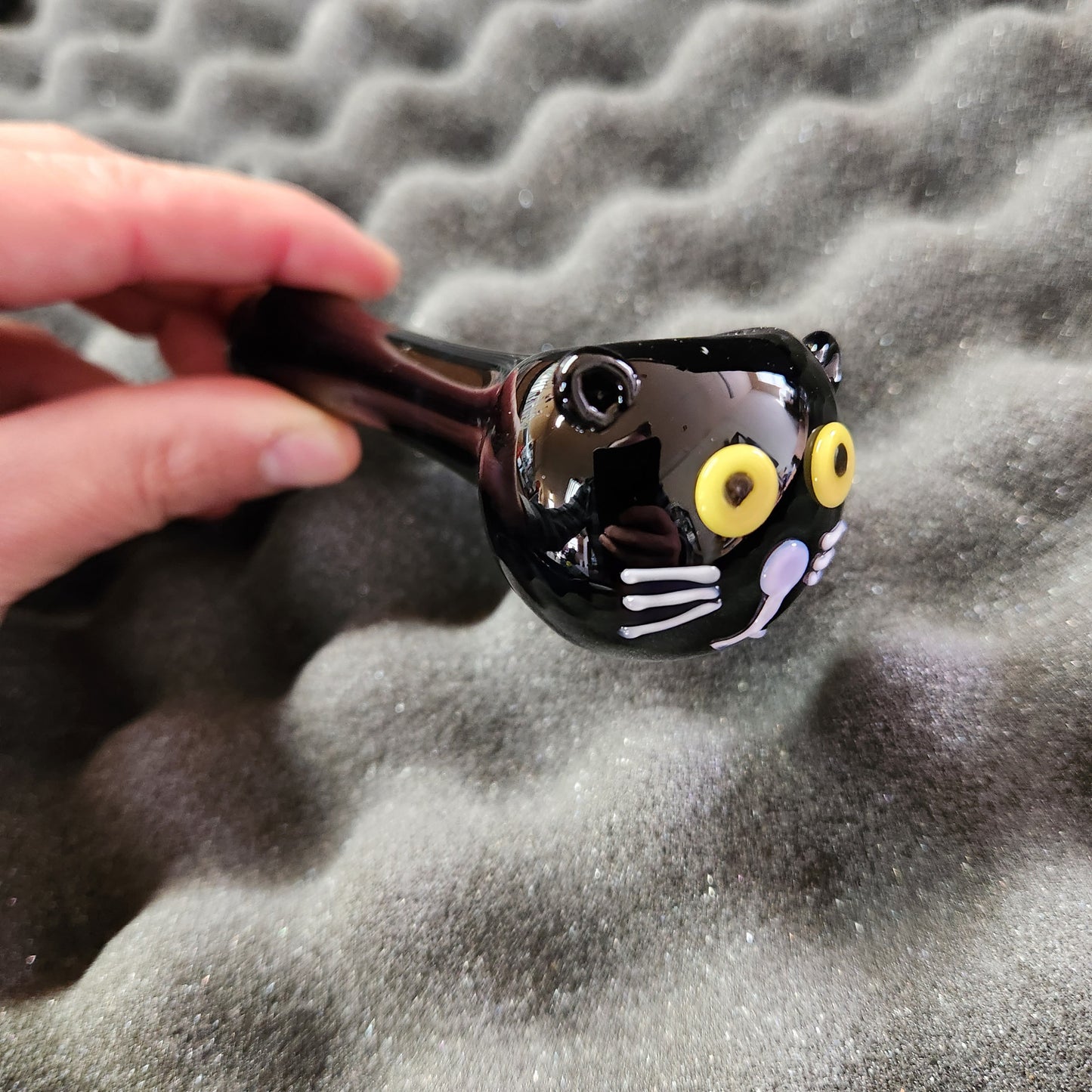 Black Cat Glass Pipe – Handblown Spoon Pipe with Cat Face – Halloween Smoking Pipe – Witchy Cat Lover Gift – Cute Animal Glass Art Pipe