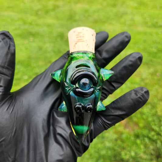 Experimental Green Frit Monster Jar with Slime Green Horns & Eye | 3" Hand Blown Glass Creature Jar | Color Shifting Art Jar