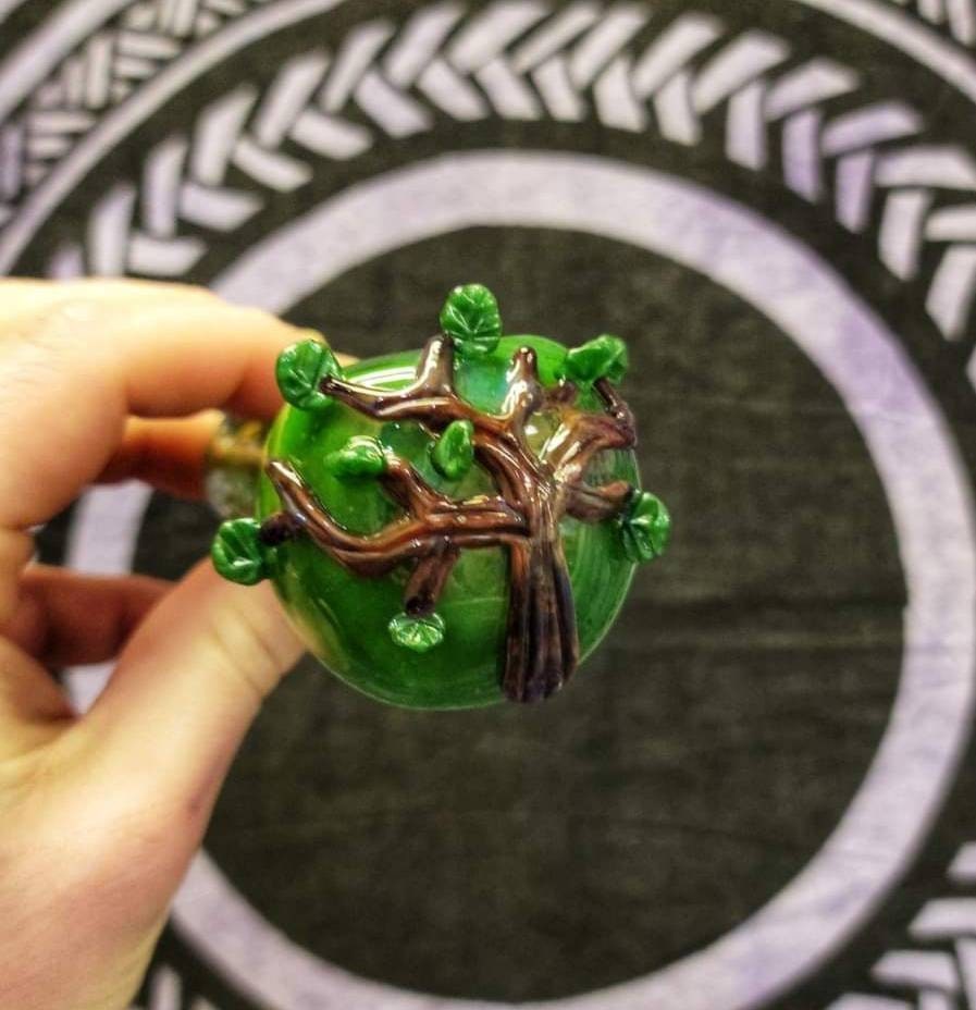 Tree of Life Glass Pipe | 4" Hand Blown Pipe with Drawn Tree & Sculpted Flowing Leaves | Nature Inspired Smoking Bowl | Artistic Glass