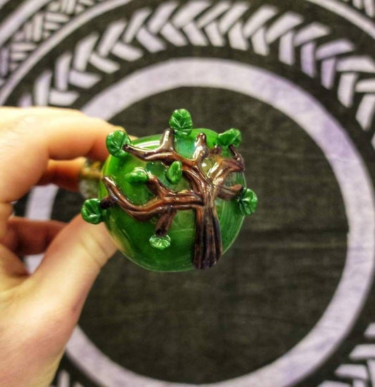 Tree of Life Glass Pipe | 4" Hand Blown Pipe with Drawn Tree & Sculpted Flowing Leaves | Nature Inspired Smoking Bowl | Artistic Glass