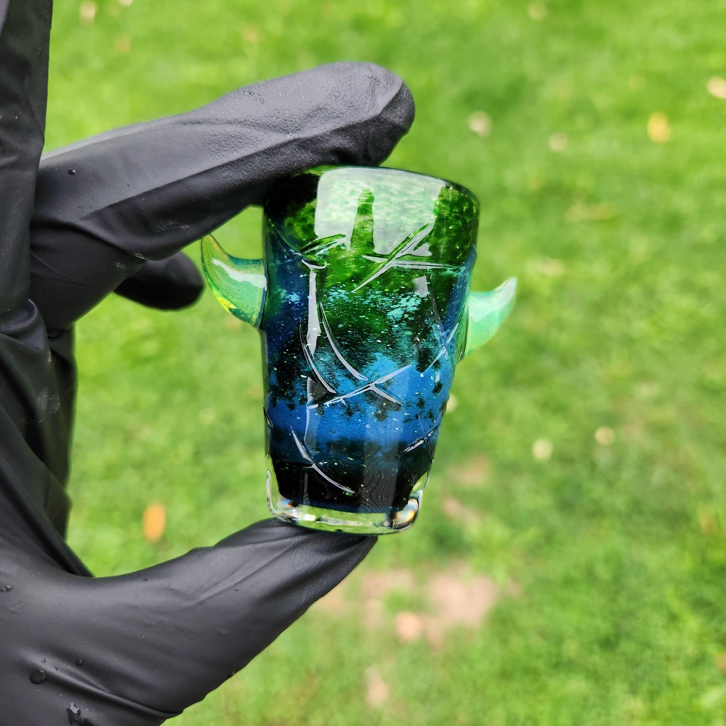 Experimental Green Monster Shotglass | Hand Blown Glass with Green Slime Horns | Unique Textured Glassware | Collectible Shot Glass