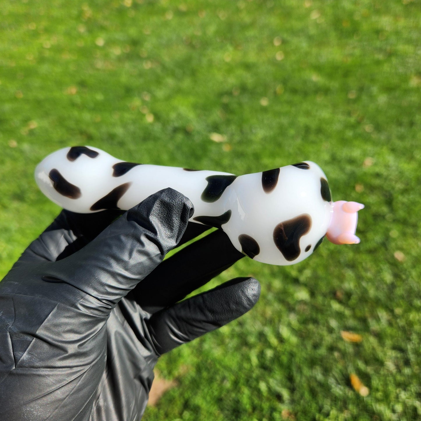 Cow Print Glass Pipe with Pink Udder | White & Black Hand Blown Pipe | Farm Animal Novelty Smoking Bowl | Funny Glass Pipe