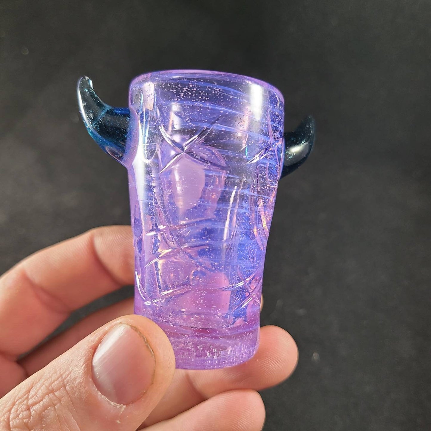 Pink Slime Monster Shotglass | 2.5–3" Hand Blown Glass with Blue Stardust Horns | Cute Creepy Collectible Glass | Mini Art Shot Glass