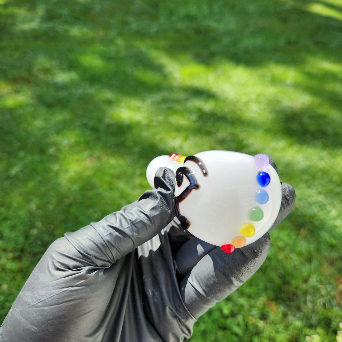 Chakra Glass Pipe with Sculpted Eye of Ra | White Spoon Pipe with Rainbow Chakra Dots | Spiritual Hand-Blown Smoking Bowl | Energy Aligned