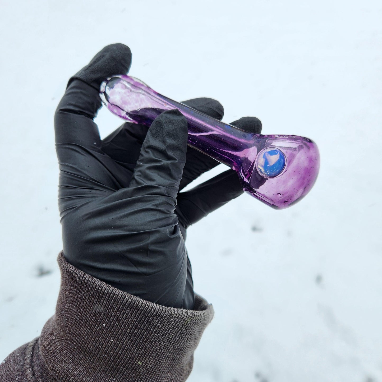 Gold Purple Frit Glass Pipe with Ghost White Dot – 4 Inch Deep Royal Purple Smoking Bowl, Hand Blown Glass Spoon Pipe