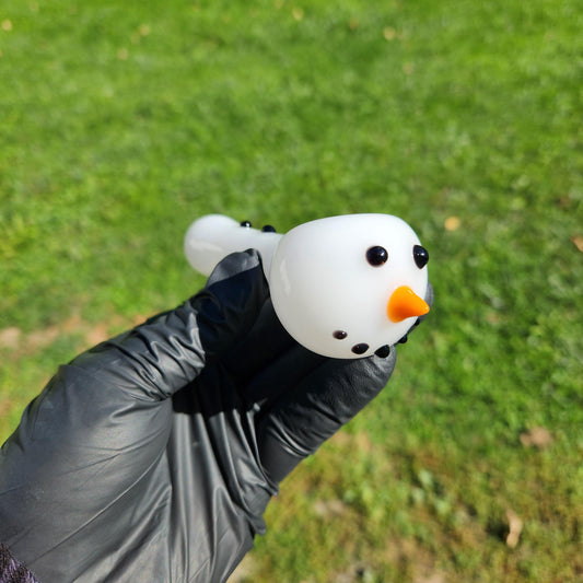 Snowman Glass Pipe | 4" White Hand Blown Pipe with Snowman Face & Black Buttons | Winter Holiday Smoking Bowl | Xmas Glass Art