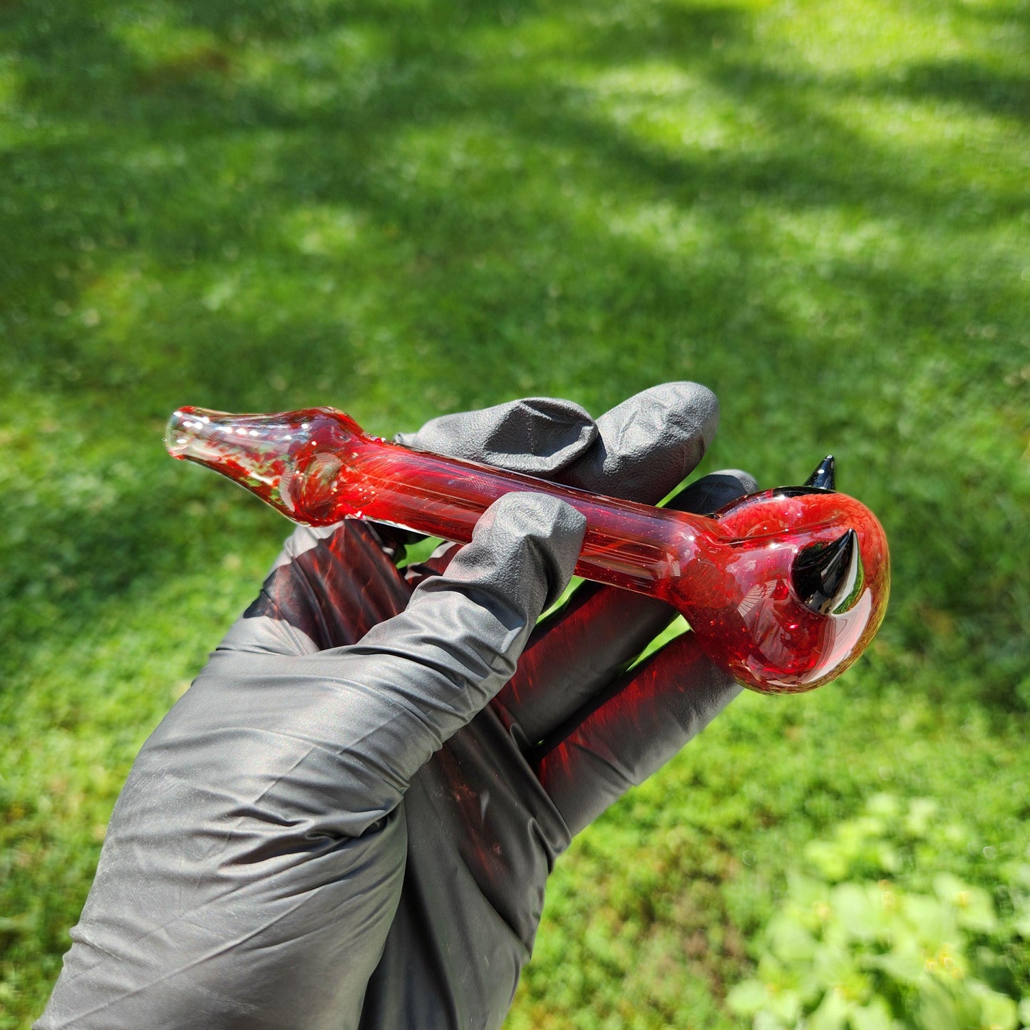 Devil Horn Glass Pipe with Tail-Shaped Neck | Red Frit Spoon with Sculpted Horns | Choose Red or Black | Hand-Blown Fiery Art Glass Bowl