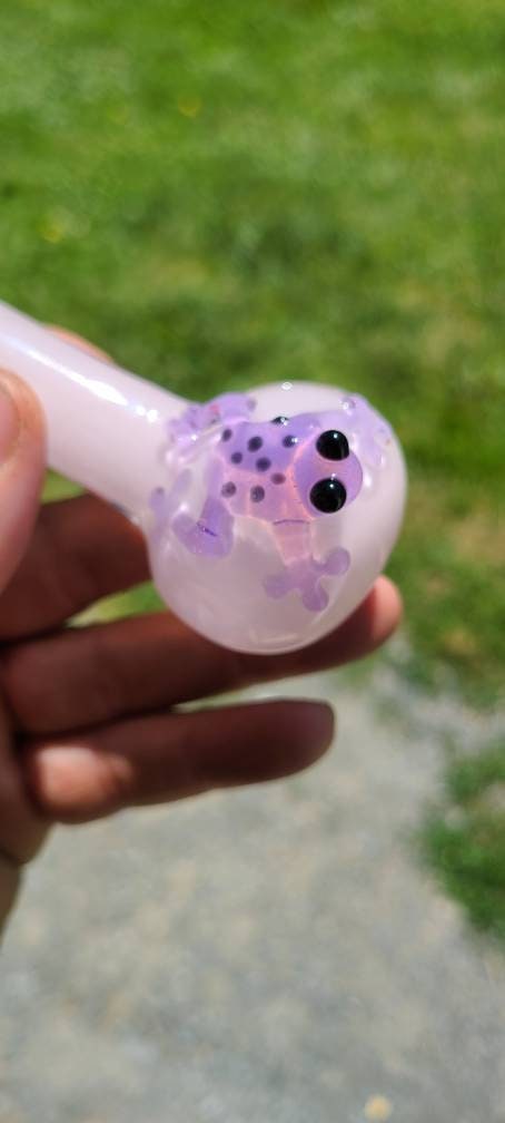 Pink Frit Glass Pipe with Slime Frog | 4" Hand Blown Pipe | Purple Frog Accent or Choose Any Color | Cute Nature-Inspired Bowl