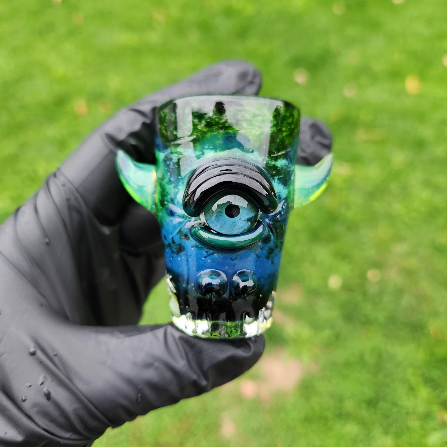 Experimental Green Monster Shotglass | Hand Blown Glass with Green Slime Horns | Unique Textured Glassware | Collectible Shot Glass
