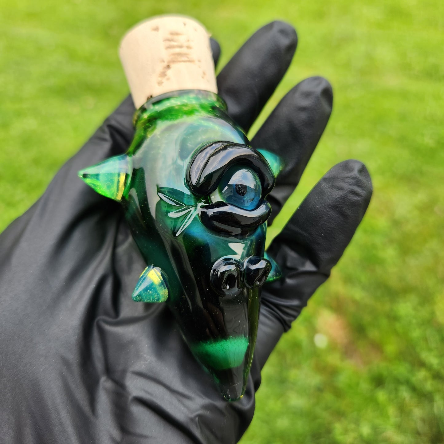 Experimental Green Frit Monster Jar with Slime Green Horns & Eye | 3" Hand Blown Glass Creature Jar | Color Shifting Art Jar