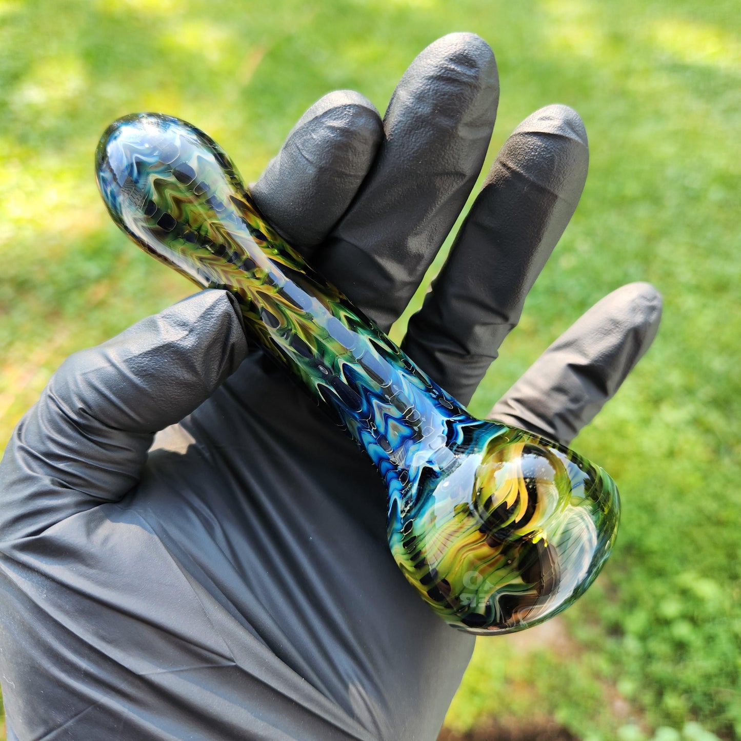 Gold and Silver Fumed Glass Pipe | Rainbow Wrap & Rake Design | Color Shift Over Black | Hand Blown Smoking Bowl