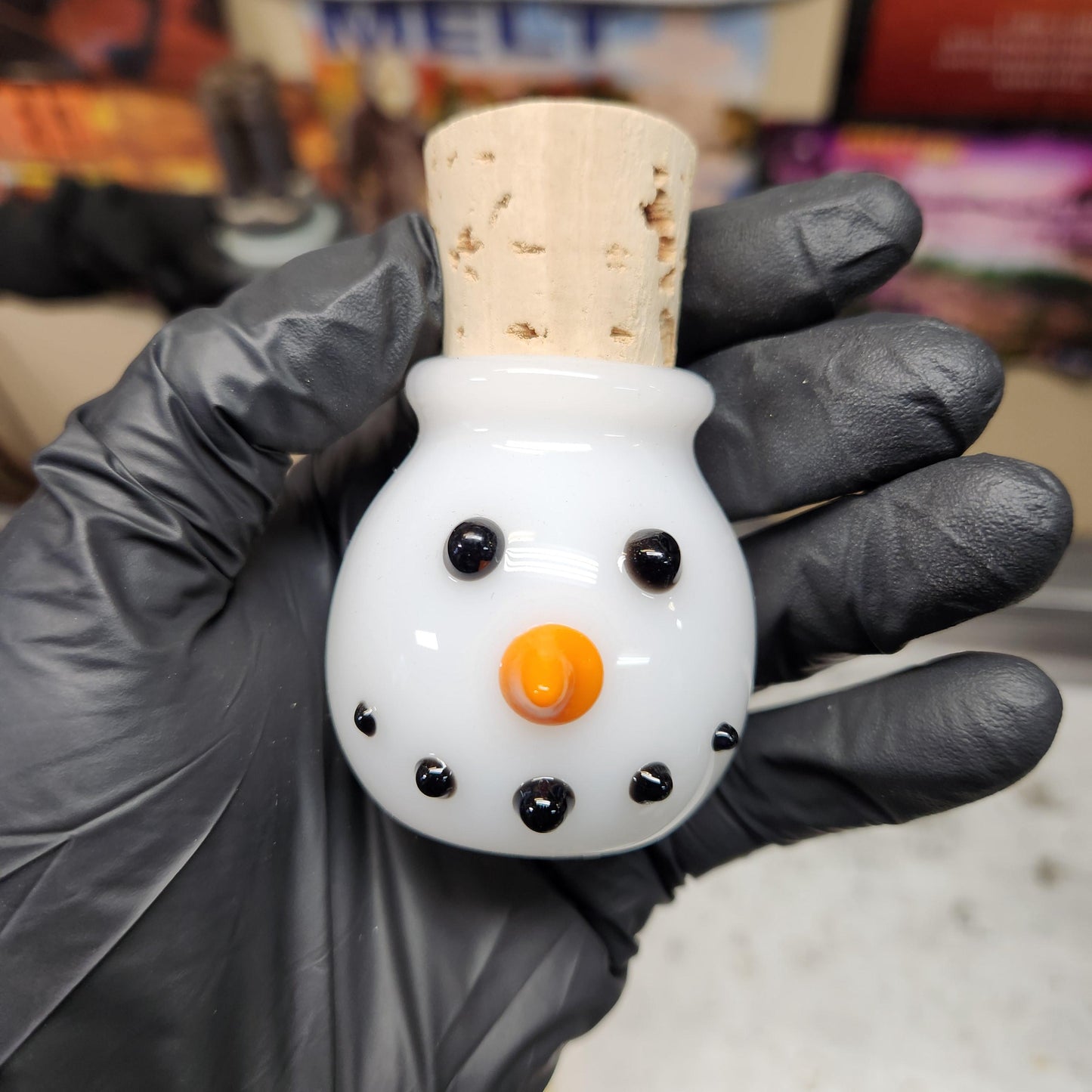 Snowman Head Glass Jar – Hand Blown White Glass Storage Jar with Carrot Nose & Coal Face, Winter Holiday Glass Art with Cork Lid