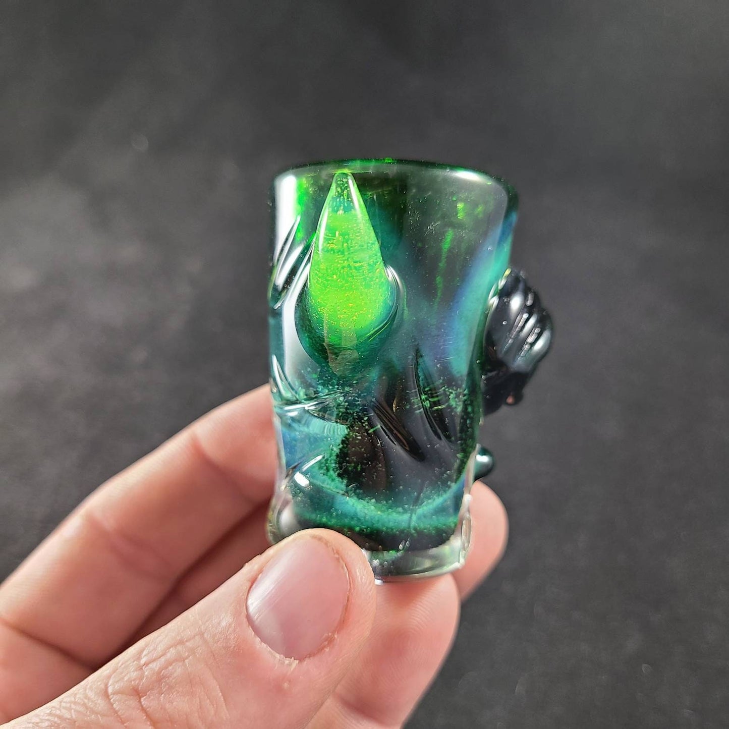Experimental Green Monster Shotglass | Hand Blown Glass with Green Slime Horns | Unique Textured Glassware | Collectible Shot Glass