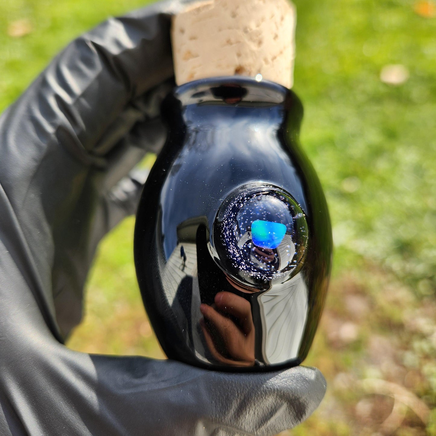 Galaxy Opal Jar • Black Glass Mini Jar with Cork • Floating Opal Galaxy Orb • Handmade Cosmic Keepsake