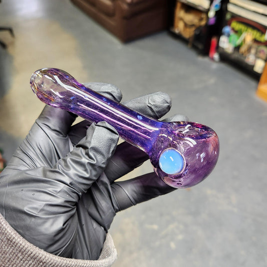 Gold Purple Frit Glass Pipe with Ghost White Dot – 4 Inch Deep Royal Purple Smoking Bowl, Hand Blown Glass Spoon Pipe
