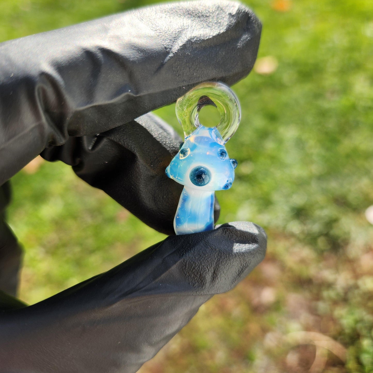 Glass Ghost Mushroom Pendant • White Mushroom Necklace with Blue Stardust Dots • Handmade Lampwork Charm