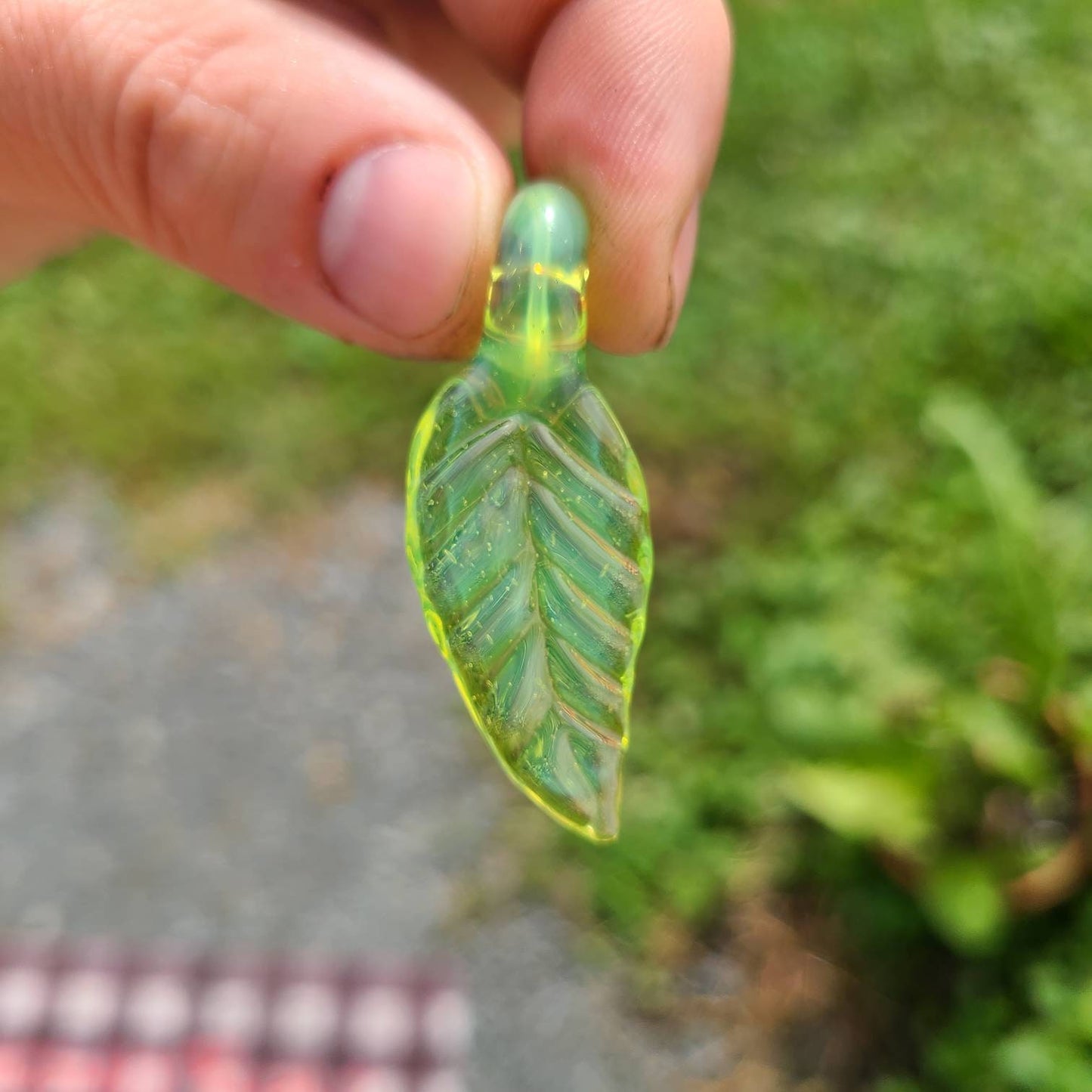 Color Changing Glass Leaf Pendant | Green to Peach in CFL Light | 1.5" Hand Blown Leaf Necklace | Suede Cord | Nature Jewelry