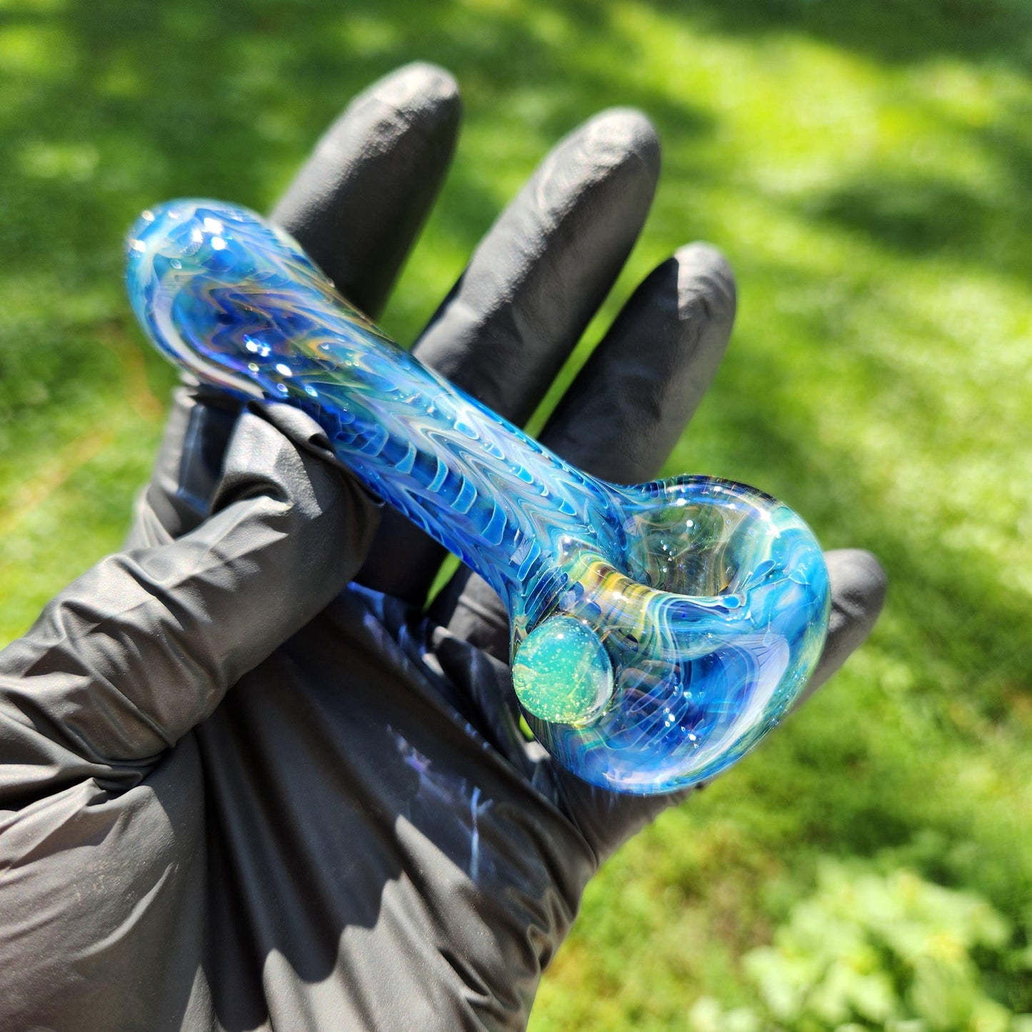 Rainbow Fumed Glass Pipe | Gold and Silver Wrap Rake Spoon with Custom Dot & Color | Heady Hand-Blown 4" Bowl | Color-Changing Smoking Pipe