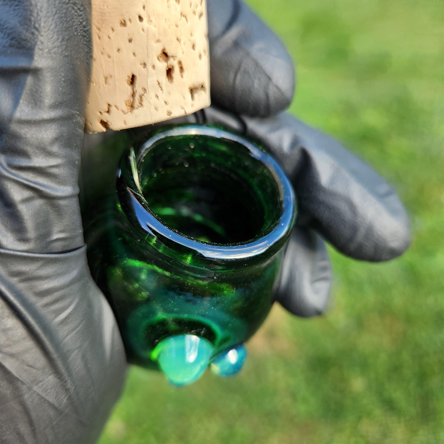 Handmade Experimental Green Glass Jar with Cork Lid – Artisan Blown Glass Apothecary Jar, Boho Decor, Spell Jar, Witchy Storage