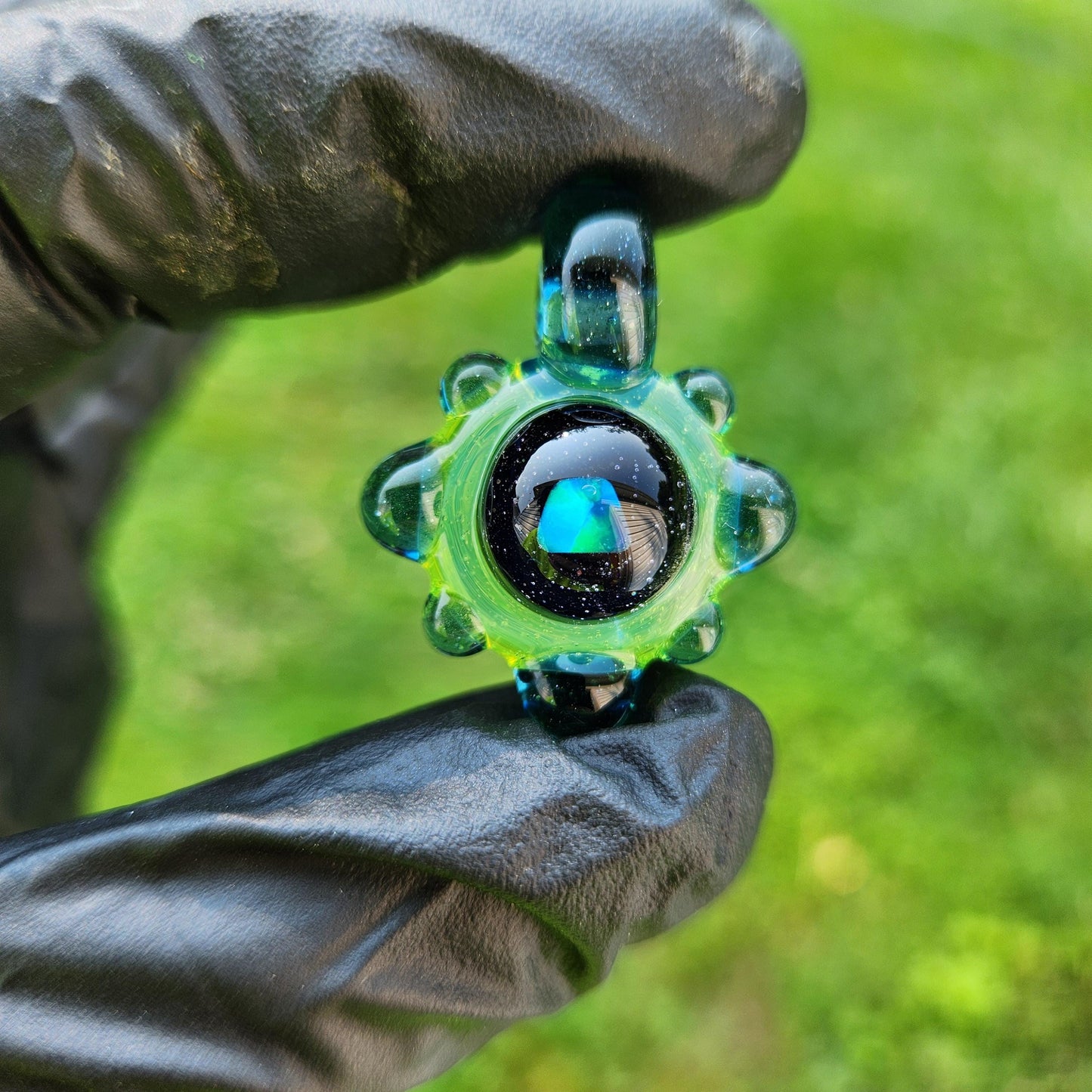 Space Galaxy Opal Necklace /Glass Pendant / Green Blue Glass / Sparkle Glass / Universe / Stars / Jewelry / Art