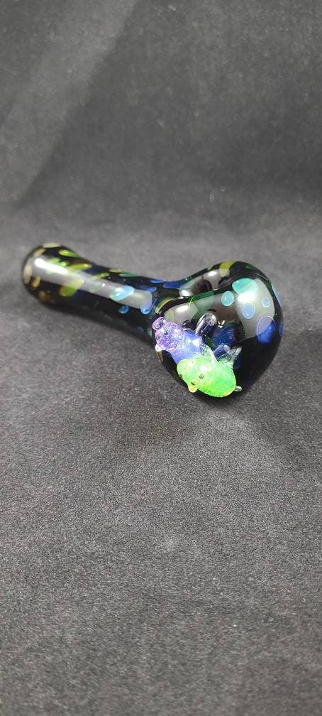 Makin' Bacon Pigs Black Glass Pipe | Pink and Green Slime Pigs | Gold & Silver Fumed Dots | Funny Hand Blown Art Pipe | 4–5" Unique Bowl