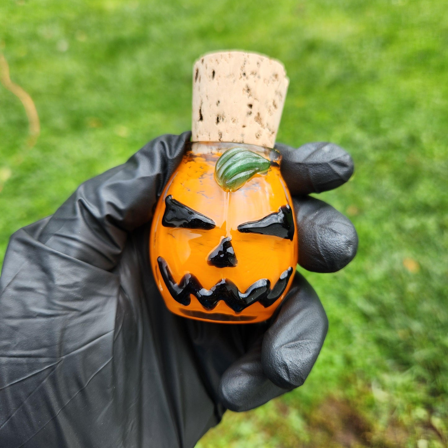 Pumpkin Glass Jar with Jack O’ Lantern Face – Orange Frit Hand Blown Storage Jar with Cork Lid, Halloween Fall Glass Art