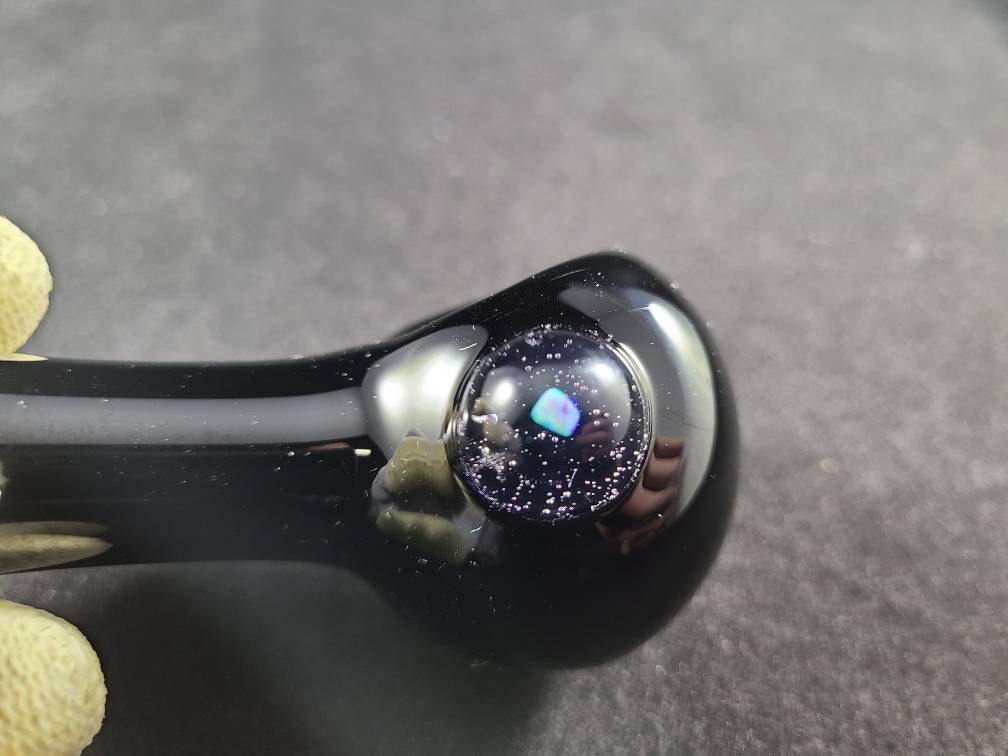 Black Glass Pipe with Galaxy Marble & Opal | Hand Blown Cosmic Smoking Pipe | Space Art Bowl | Heady Glass Piece