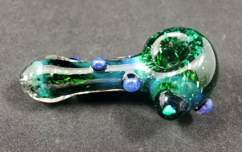 Experimental Green Frit Pipe with Galaxy Opal Marble | Purple Slime Dot Wrap | 4" Hand Blown Heady Glass Smoking Bowl | Unique Art Pipe