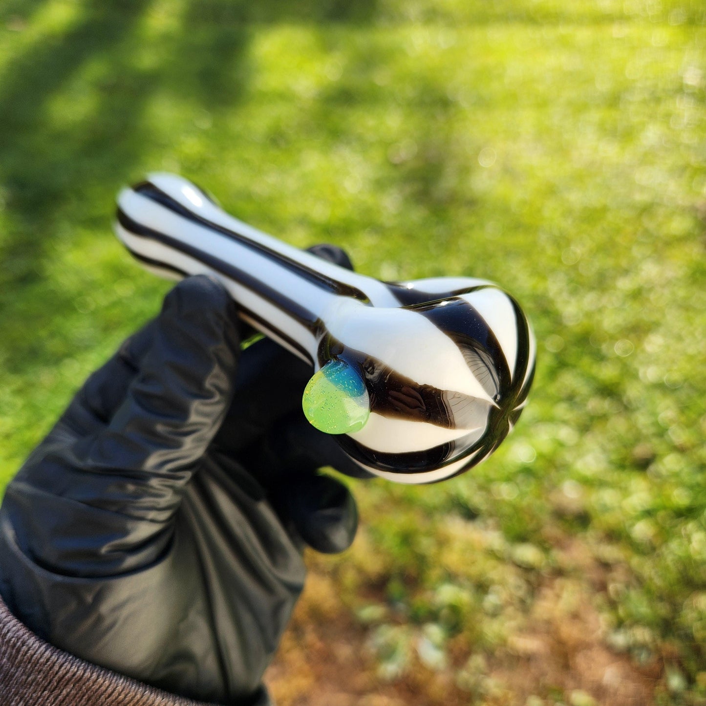 Black & White Striped Pipe with Green Dot – Handblown Glass Spoon Pipe – Spooky Gothic Vibes
