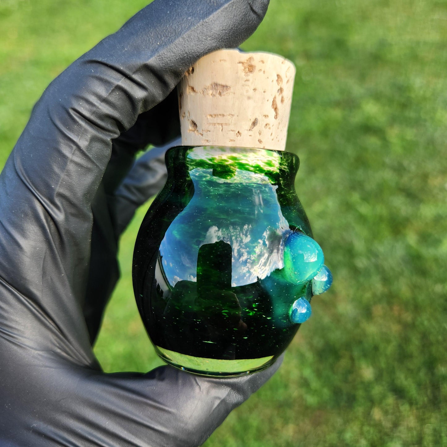 Handmade Experimental Green Glass Jar with Cork Lid – Artisan Blown Glass Apothecary Jar, Boho Decor, Spell Jar, Witchy Storage