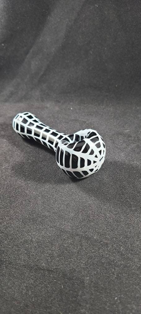 Black Glass Pipe with White Spider Web Design | 4" Hand Blown Spooky Smoking Bowl | Gothic Halloween Pipe | Creepy Cute Glass Art