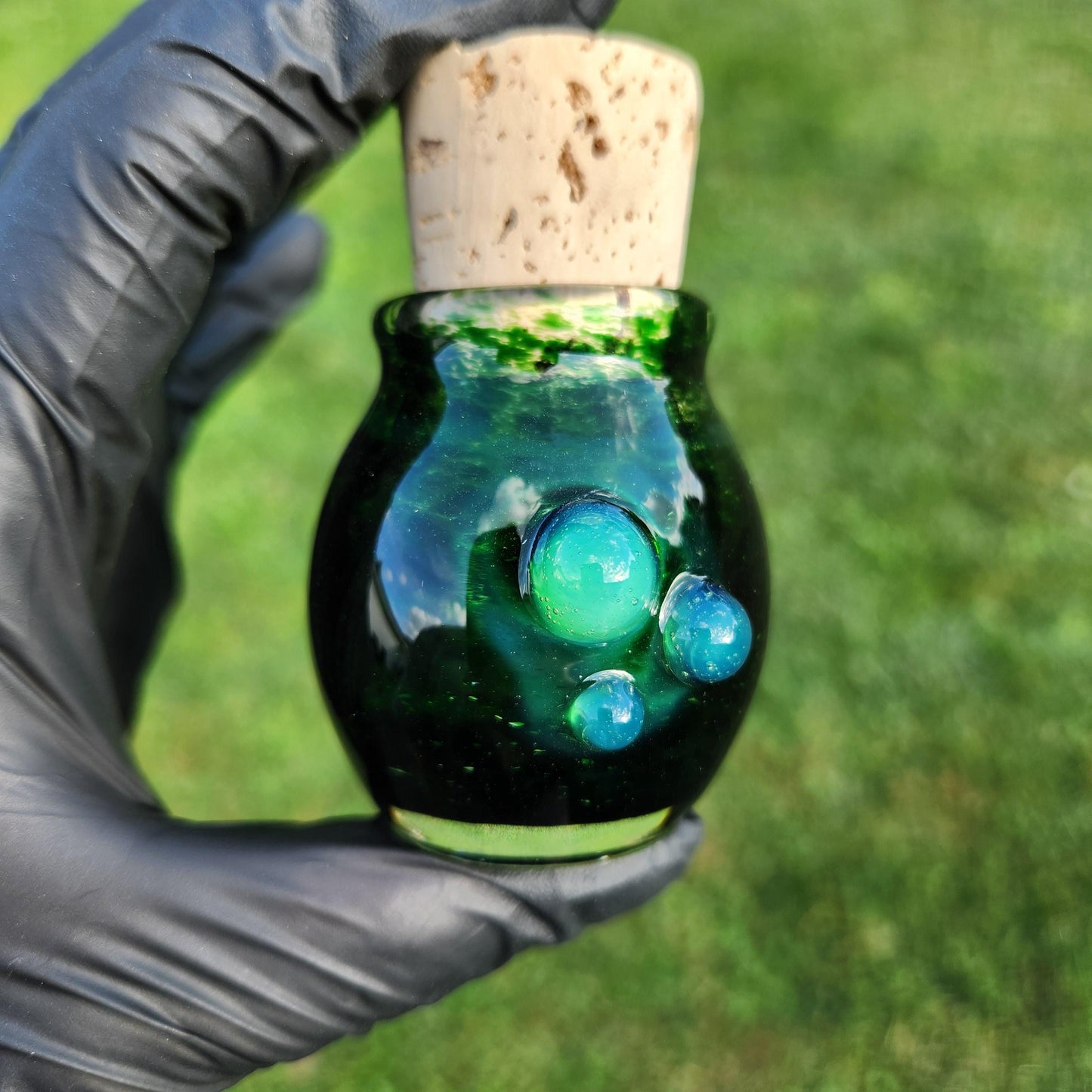 Handmade Experimental Green Glass Jar with Cork Lid – Artisan Blown Glass Apothecary Jar, Boho Decor, Spell Jar, Witchy Storage