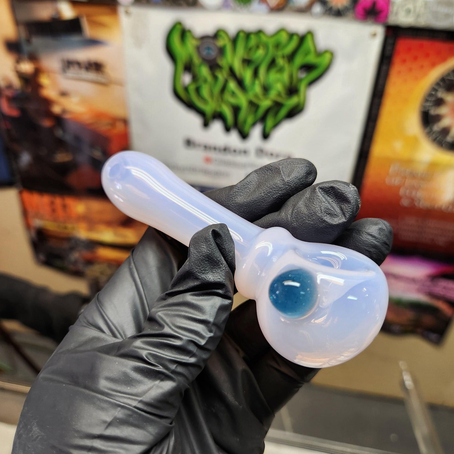 Milky Pink Glass Pipe with Blue Stardust Dot Accent – 4” Hand Pipe, Glitter Spoon Pipe, Unique Glass Smoking Pipe, Cute Aesthetic Piece