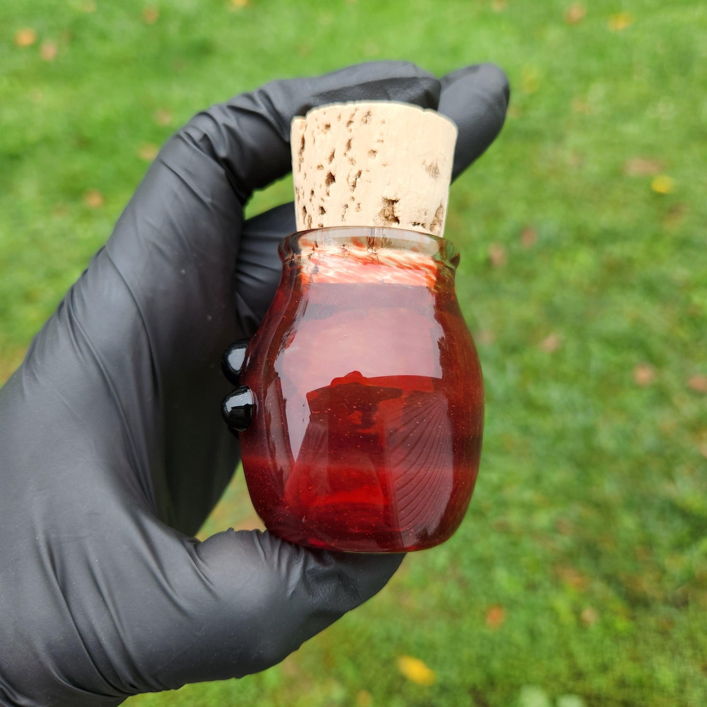 Handmade Red Frit Glass Jar with Cork Lid – Artisan Blown Glass Apothecary Jar, Boho Decor, Spell Jar, Witchy Storage