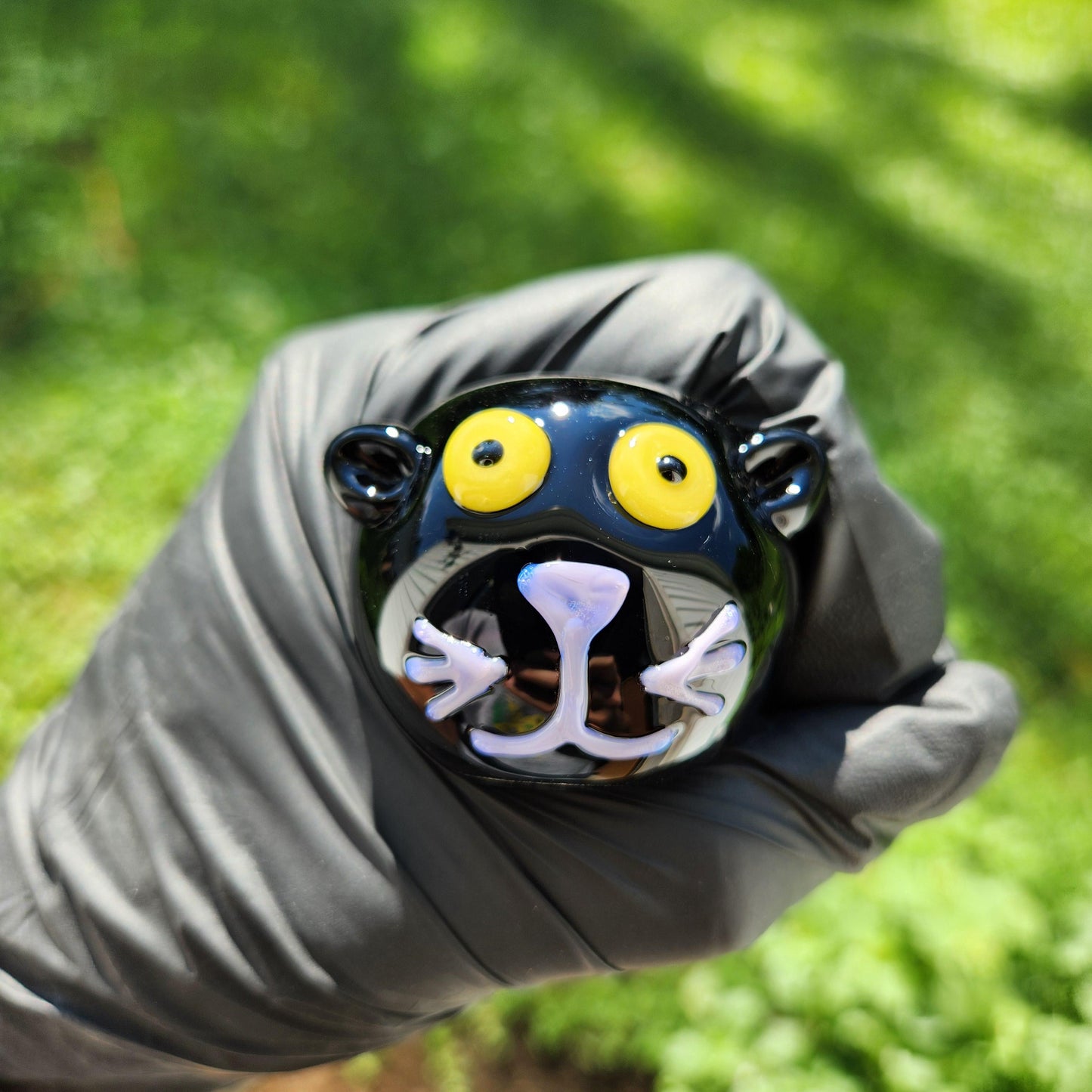Black Cat Glass Pipe – Handblown Spoon Pipe with Cat Face – Halloween Smoking Pipe – Witchy Cat Lover Gift – Cute Animal Glass Art Pipe