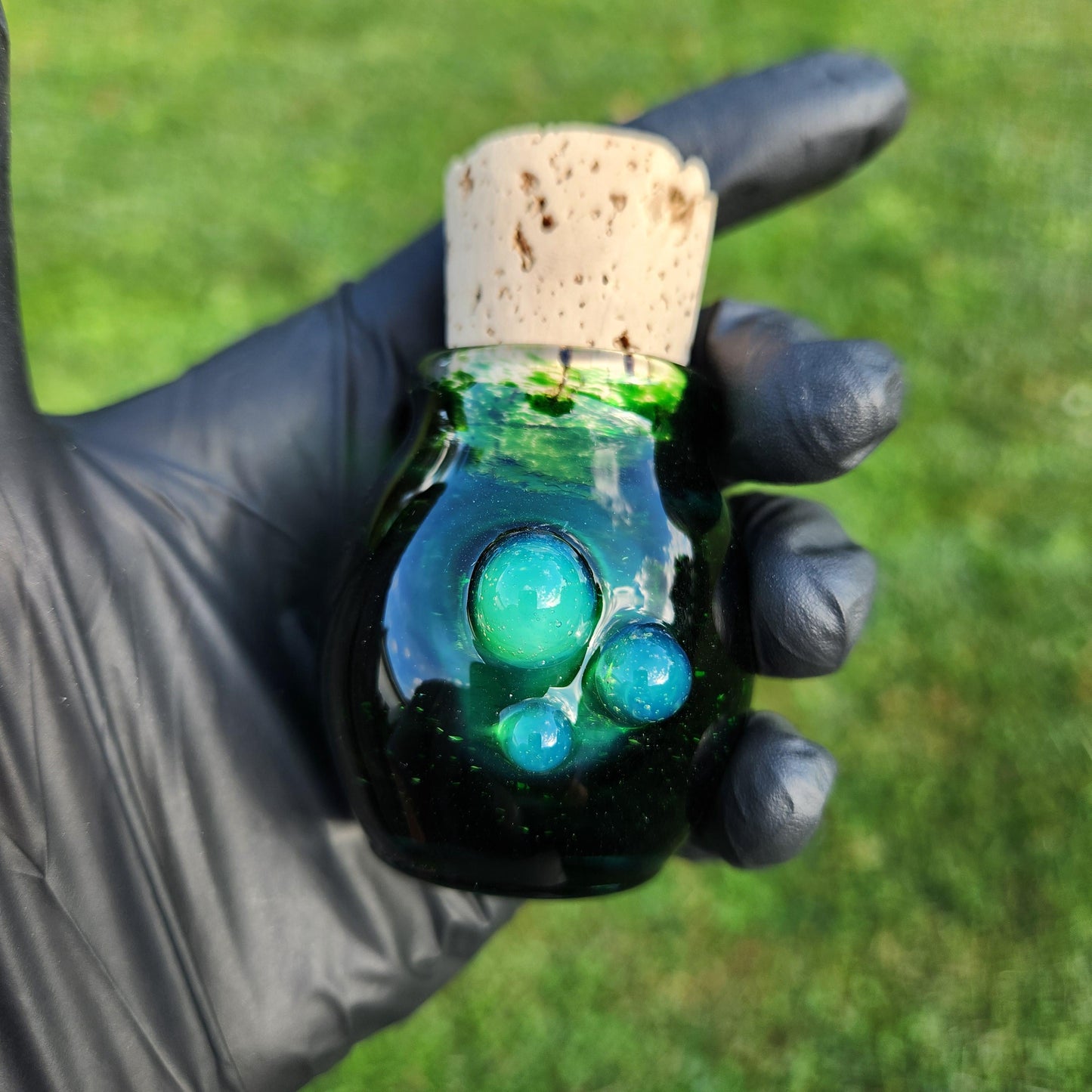 Handmade Experimental Green Glass Jar with Cork Lid – Artisan Blown Glass Apothecary Jar, Boho Decor, Spell Jar, Witchy Storage