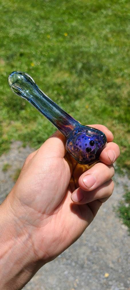 Spotted Purple Frog Pipe / Green Striking Purple Frit Glass / Glass Smoking Bowl
