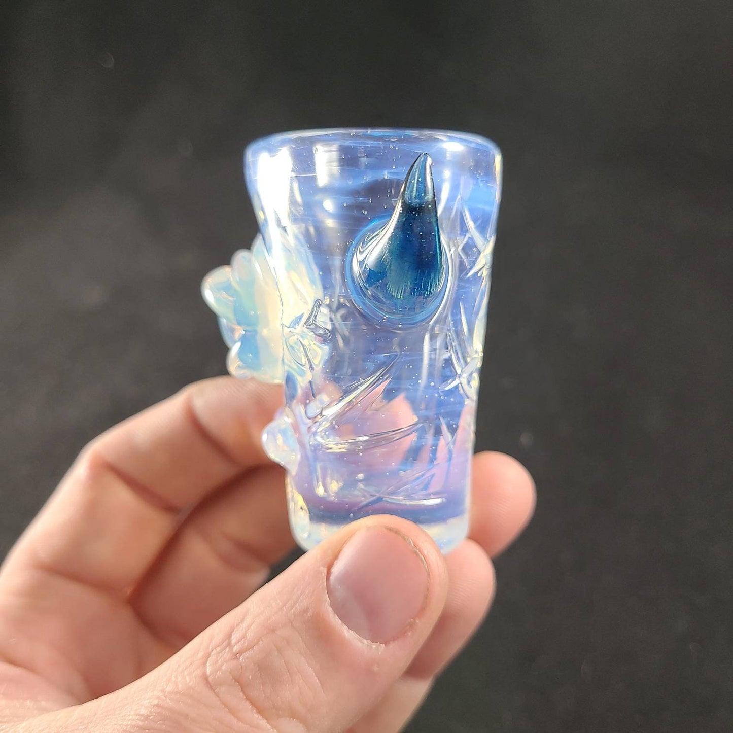 Ghost White Monster Shotglass | Milky Blue Hue Glass | Sculpted Eye, Nose Nubs & Blue Stardust Horns | Textured Hand Blown Shot Glass Cup
