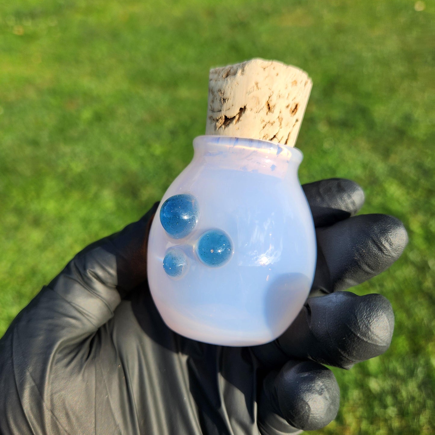 Handmade Pink Glass Jar with Cork Lid  Blue Dots – Artisan Blown Glass Apothecary Jar, Boho Decor, Spell Jar, Witchy Storage