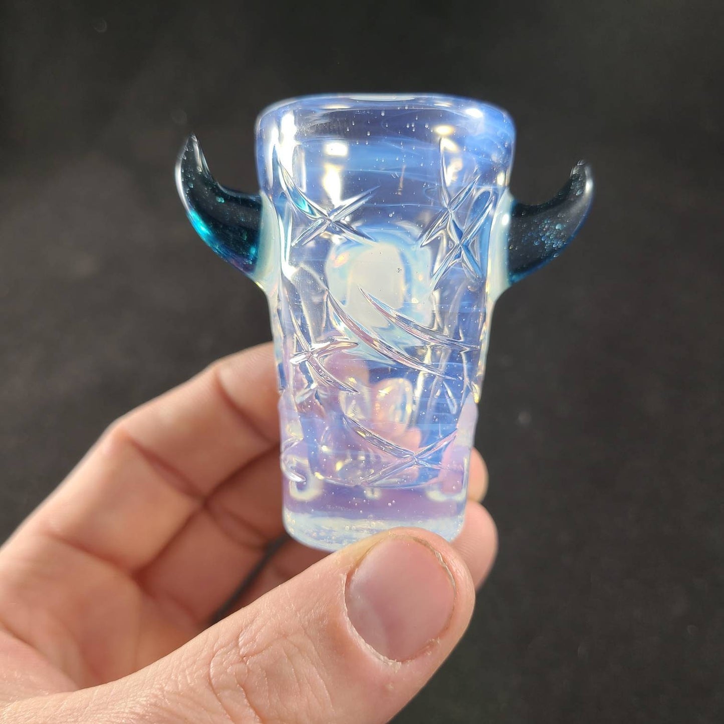 Ghost White Monster Shotglass | Milky Blue Hue Glass | Sculpted Eye, Nose Nubs & Blue Stardust Horns | Textured Hand Blown Shot Glass Cup