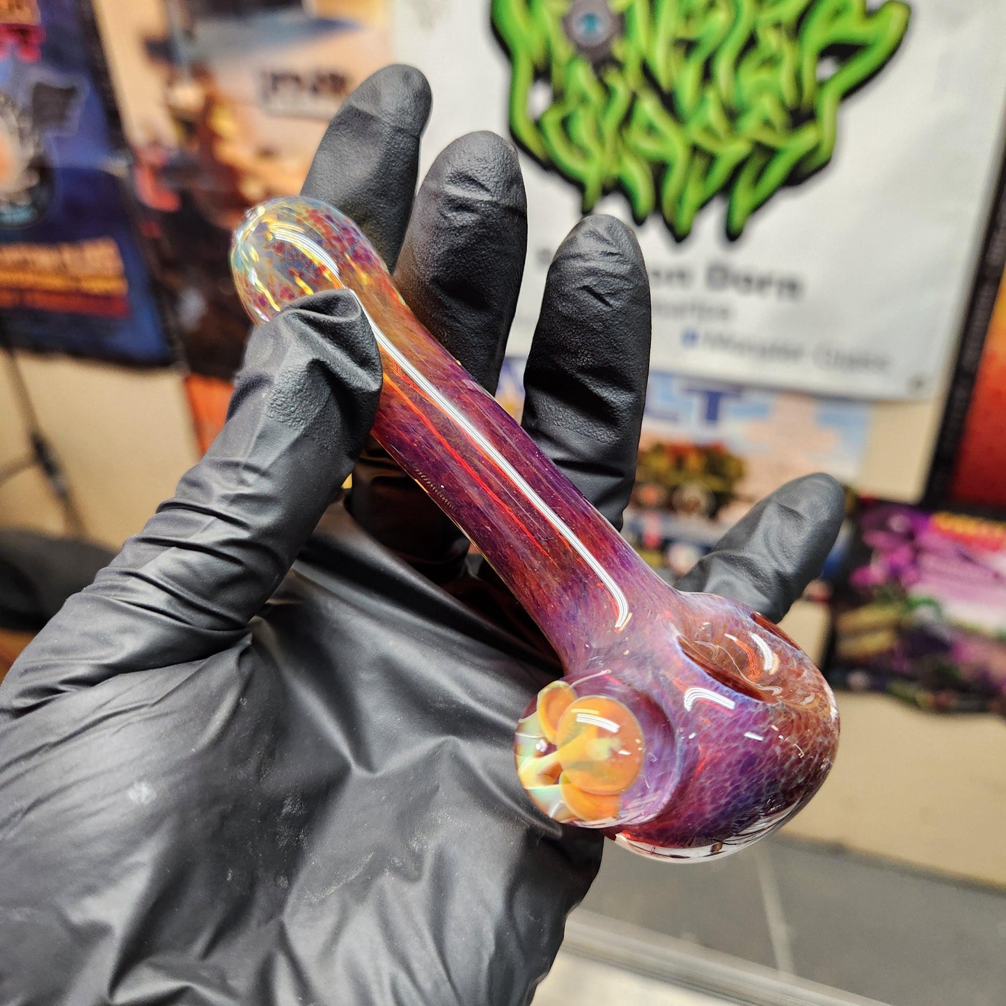 Amber Purple Frit Glass Pipe with Triple Mushroom Marble | Hand-Blown Color-Shifting Spoon | Nature-Inspired Heady Art Glass Bowl