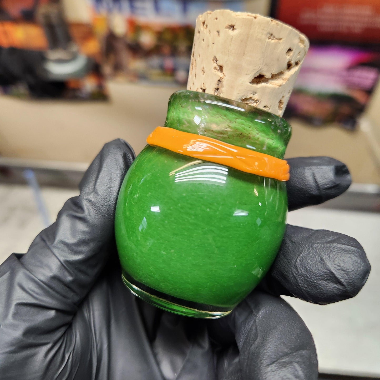 Green Frit Glass Jar with Sculpted Ninja Headband – 1.5” Hand Blown Glass Storage Jar with Cork Lid, Turtle Art Jar
