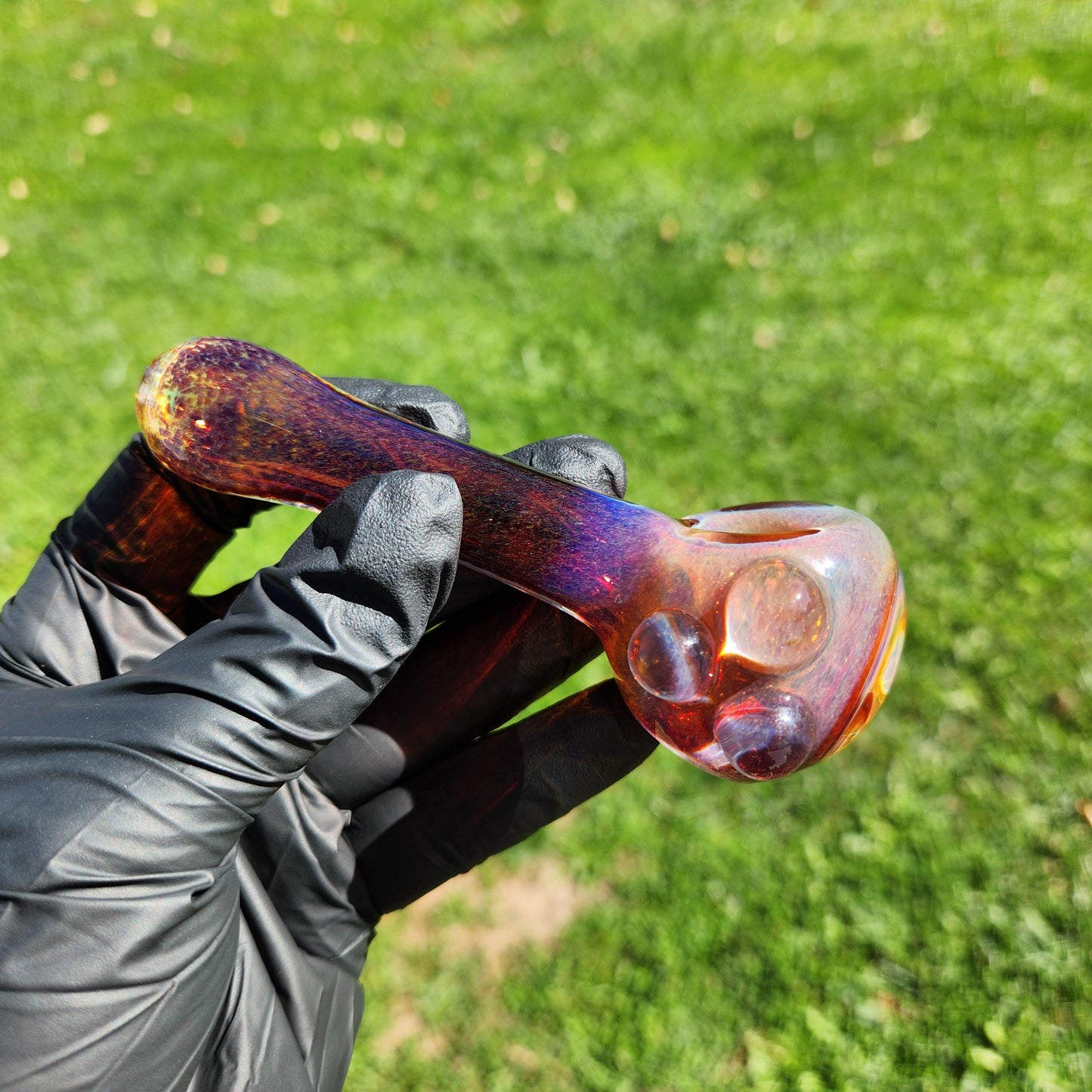 Amber Purple Frit Glass Pipe with Triple Mushroom Implosion – 4” Hand Pipe, Dot Accent, Unique Bowl Art, Ambers to Purple Color, Heady Piece